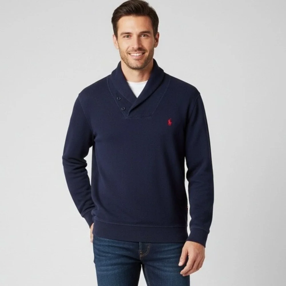 Polo Ralph Lauren Navy Shawl Collar Sweatshirt‎ L 100% Cotton Pullover Red Pony